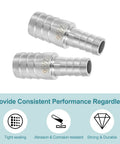 Two 7/8 to 5/8 inch hose barb reducer fittings, 304 stainless steel, silver