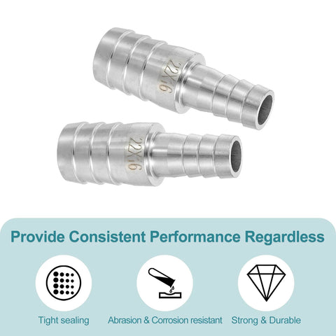 Two 7/8 to 5/8 inch hose barb reducer fittings, 304 stainless steel, silver