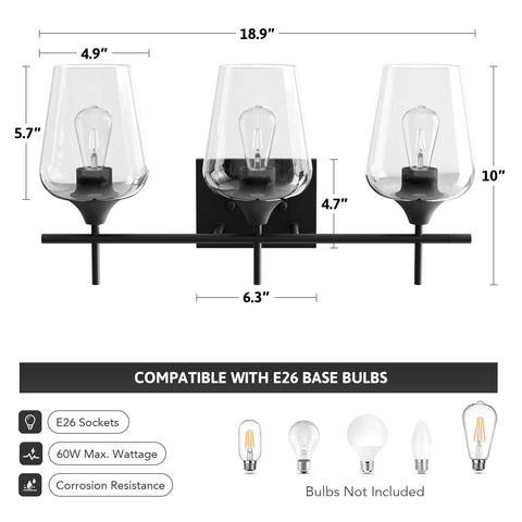 Three Light Black Vanity Light Over Mirror With Clear Glass Shades Sleek Modern Industrial Bathroom Wall Fixture dimensions