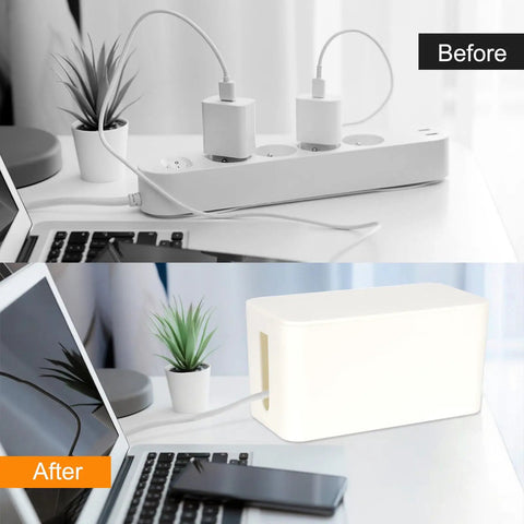 Before and after using Mini Cable Management Box For Home Theater Office Or Dorm Hide Those Cables Fast With A Simple Wrap Wire Concealer