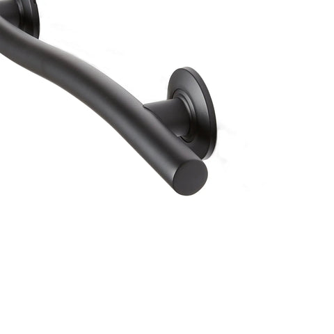 Close-up of 36 Inch Designer Wave Shaped Shower Grab Bar in Matte Black, Dope Modern Bath Safety Rail, showing end and mounting detail.