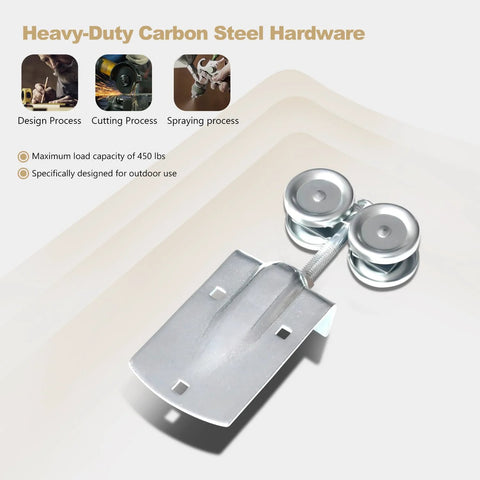 Close-up of components from Eight Foot Heavy Duty Galvanized Steel Exterior Sliding Barn Door Hardware Kit For Outdoor Use.