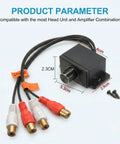 Universal RCA Level Controller With Audio Bass And Volume Control Knob, compact size, RCA connectors, designed for car audio systems.