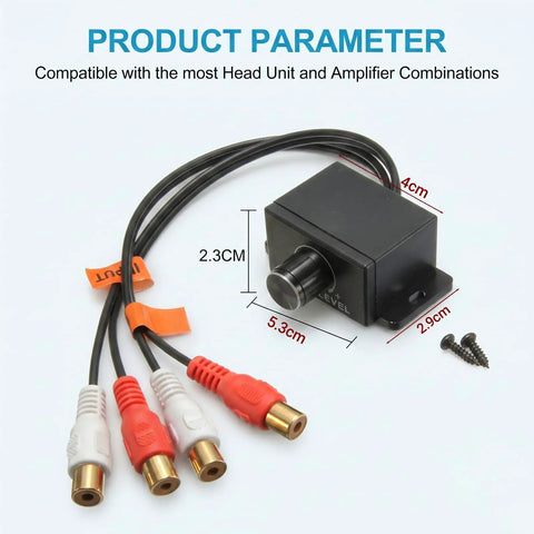 Universal RCA Level Controller With Audio Bass And Volume Control Knob, compact size, RCA connectors, designed for car audio systems.