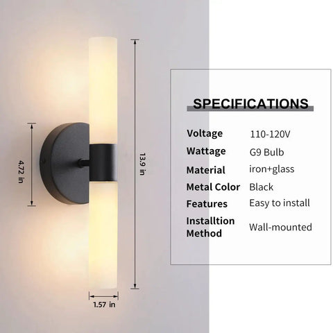 Set Of Two Matte Black Wall Sconces With White Glass Shades For A Modern Bathroom And Living Room, Durable Metal Fixtures
