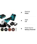 20V Cordless Angle Grinder 4-1/2 Inch Wheel With Brushless Motor Delivers Beast Power For Metal Cutting And Polishing Tool Includes 2.0Ah Battery And Charger Lightweight Long Battery Life For Cutting Grinding Deburring And Metalwork, grinder kit with discs and charger displayed.