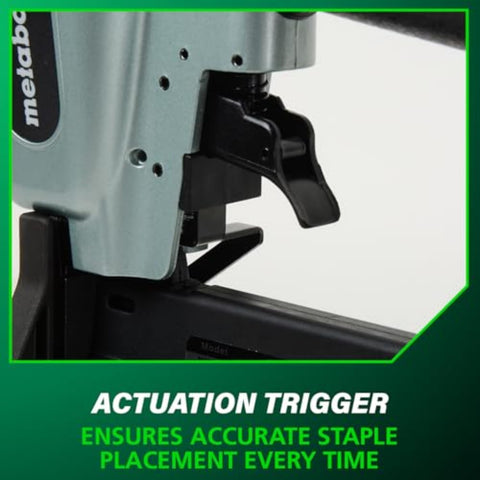 Close-up of Top Notch Pro Preferred Pneumatic Flooring Nailer trigger for precise hardwood 18 gauge stapling, 1/4 inch staples