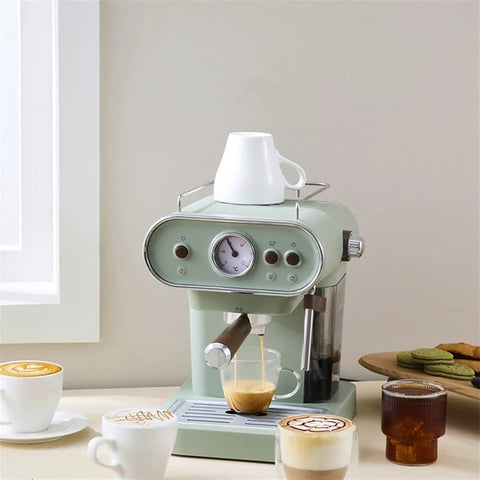 Retro Style Electric Coffee Maker Semi Automatic Espresso Machine With Steam Milk Frother And Glass Carafe Light Green American Plug brewing espresso.