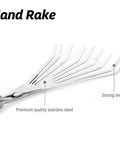Stainless Steel Hand Rake With Ergonomic Handle For Gardening showing close-up of stainless steel tines with strong teeth.