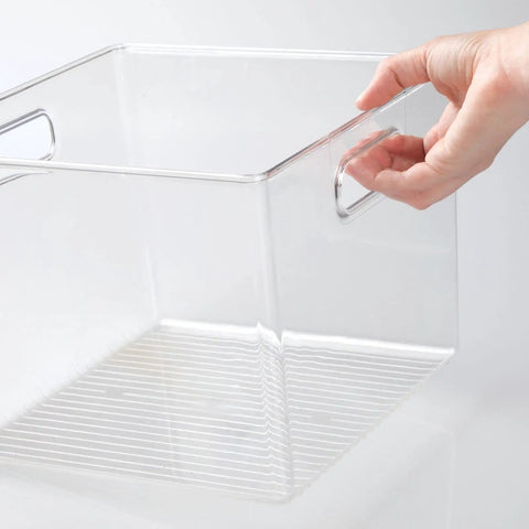 Small Modern Plastic Storage Organizer Bin With Easy Grab Handles For Home Closet Organization See Through Clear Finish