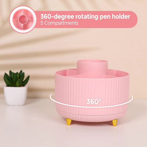 Pink 360-degree rotating pen holder with 5 compartments from the Pink Desk Accessories Set For Home Office 10 Piece.