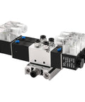 Twin Solenoid Pneumatic Valve 5 Way 3 Position 24VDC PT1/4 Internal Pilot Manifold Base Muffler shown with connectors