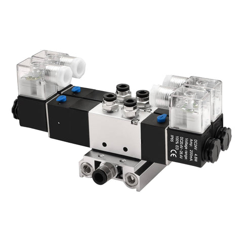Twin Solenoid Pneumatic Valve 5 Way 3 Position 24VDC PT1/4 Internal Pilot Manifold Base Muffler shown with connectors