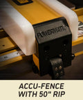 Close-up of Accu-Fence on Heavy Duty 10 Inch Table Saw With Rolling Workbench, 50 Inch Rip Capacity, 5 Horsepower 3 Phase Motor.
