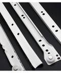 Close-up of heavy duty drawer slides pair with quiet close dampers, showcasing two-section ball bearing roller for desks and tables, 12 inch length.