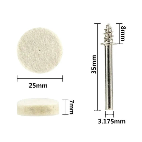 Sleek Wool Felt Polishing Wheels And Buffing Pads With Mandrel For Rotary Tools 5 Piece Set, 25mm pad, 35mm mandrel, wool material