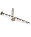 Rock Solid Roofing Nails 2 Inch Ring Shank 10 Gauge 316 Stainless Steel Heavy Duty Exterior Tile Slating Fasteners Built Tough For Insane Weather Grip 525 Count Pack displayed with two nails showing flat crown and ring shank.