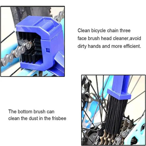 Close-up of blue bike chain cleaner and brush from Bike Chain Cleaner Kit 4 Piece Set For Quick Clean And Deep Scrub Gear Brush Included