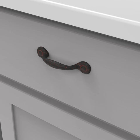Solid Core Cabinet Pulls Set of 10 in Rustic Iron, Heavy Duty Kitchen and Furniture Hardware on gray dresser drawer