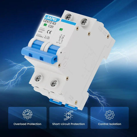 Miniature Circuit Breaker 500V 2 Pole 20 Amp Isolator for Solar PV System with Instant Magnetic Trip DIN Rail Mount