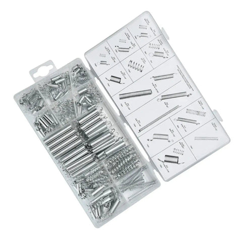Assorted Extension Springs Kit 200 Pcs Metal Tension Springs in organized box for DIY tools and home appliances.