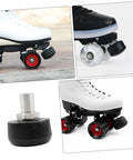 2 Pcs Adjustable Rubber Toe Stops for Roller Skates, Round Shape Braking Blocks shown on quad skates and close-up view