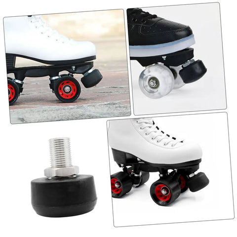2 Pcs Adjustable Rubber Toe Stops for Roller Skates, Round Shape Braking Blocks shown on quad skates and close-up view