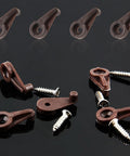 20 Pack Brown Plastic Glass Retainer Clips For Bathroom Mirrors And Cabinet Doors Heavy Duty Window Holders angled with screws on black background