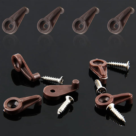 20 Pack Brown Plastic Glass Retainer Clips For Bathroom Mirrors And Cabinet Doors Heavy Duty Window Holders angled with screws on black background
