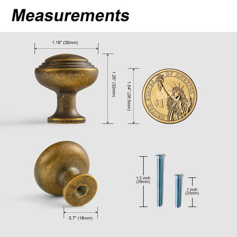 Six Pack Antique Brass Cabinet Knobs Built From Solid Zinc For A Heavy Duty Upgrade with size comparison to dollar coin
