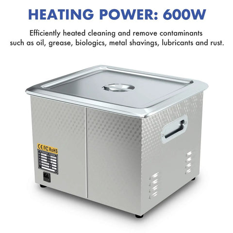 Ultrasonic cleaner, stainless steel 15L, with lid and side handle