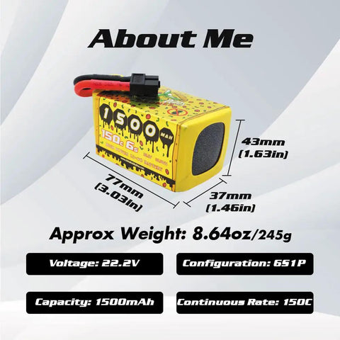 Speedy 1500mAh 6S 22.2V 150C LiPo Battery With XT60 Plug for FPV Racing RC Drones dimensions diagram