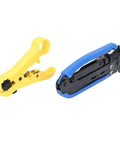 All In One Coax Cable Tool Kit With Adjustable F Head And Anti Slip Grip For RG6 RG59 RG11 And 75 Ohm F Connectors Includes 20 RG6 F Compression Connectors And Precision Wire Stripper For Indoor Use showing yellow wire stripper and blue compression tool.