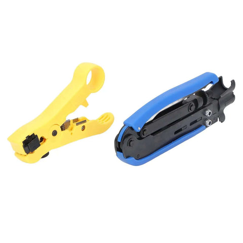 All In One Coax Cable Tool Kit With Adjustable F Head And Anti Slip Grip For RG6 RG59 RG11 And 75 Ohm F Connectors Includes 20 RG6 F Compression Connectors And Precision Wire Stripper For Indoor Use showing yellow wire stripper and blue compression tool.