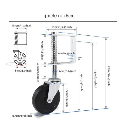 Diagram of Gate Caster Wheel Kit 4 Inch Spring Loaded Swivel For Uneven Ground showing dimensions and spring mechanism.