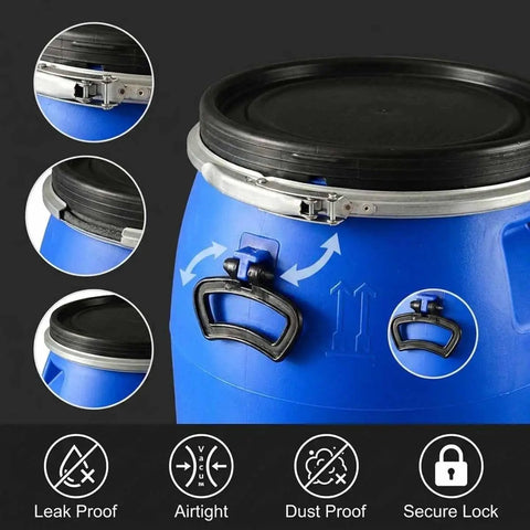 Sturdy 55 Gallon Rain Barrel Water Storage Drum For Emergency Prep Heavy Duty Industrial Plastic Barrel With Leakproof Lock Lid Airtight Seal Reinforced HDPE Blow Molded Construction; close-up view of lid and locking mechanism.