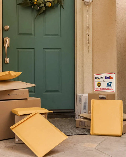 Weather Resistant Aluminum Package Delivery Sign 8X12 Please Leave Packages Here For Carriers at front porch with packages.