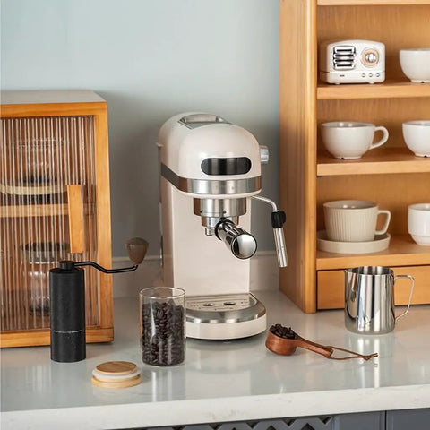 Compact Semi Automatic Coffee Maker With Built In Bean Grinder And Fast Milk Frother Tailored For Home Bars brewing espresso on a countertop.