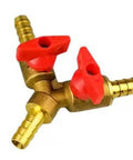 Rock Solid Heavy Duty Brass 10mm Barbed 3 Way Y Equal Ball Valve With Grippy Plastic Handle, showing red handles for flow control.