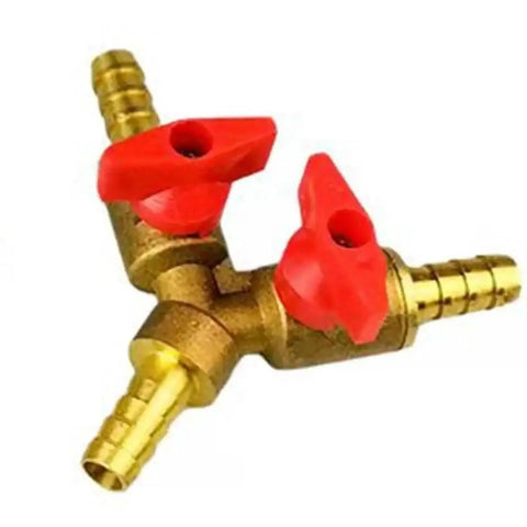 Rock Solid Heavy Duty Brass 10mm Barbed 3 Way Y Equal Ball Valve With Grippy Plastic Handle, showing red handles for flow control.