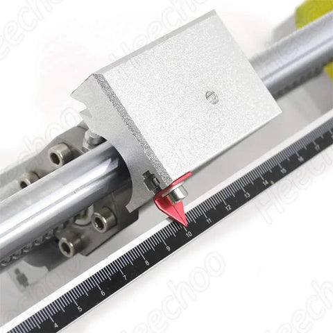 Close-up of Rock Solid Linear Stage Actuator With SFU1605 Ball Screw and manual guide, showing laser handwheel and ruler detail.