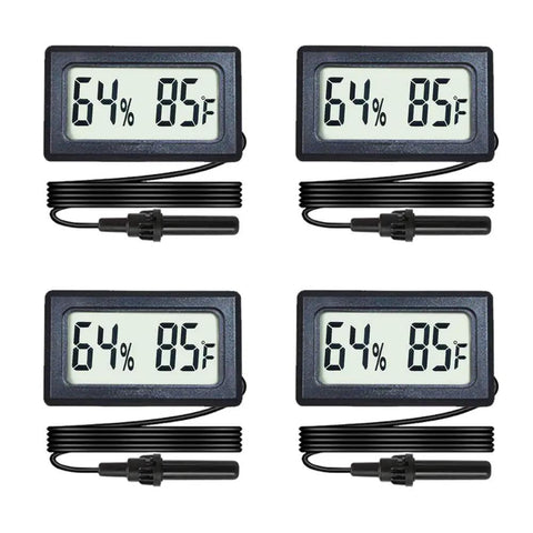 Quad Pack Mini Digital Hygrometer Thermometer with External Probe LCD Display showing 64% humidity and 85°F temperature