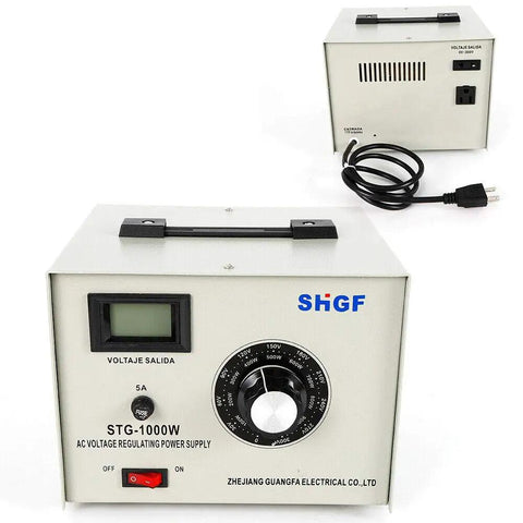 1000W Single Phase AC Autotransformer with 110V Input and 0-300V Adjustable Output, front and back view with dial and plug