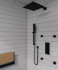 HomeStock Modern Rectangle Thermostatic Shower System Trim Kit with Pressure Balance Valve Matte Black Finish mounted in a stylish bathroom.