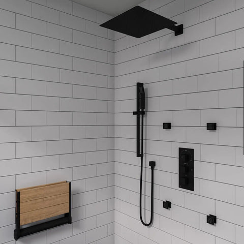 HomeStock Modern Rectangle Thermostatic Shower System Trim Kit with Pressure Balance Valve Matte Black Finish mounted in a stylish bathroom.