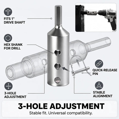 Heavy Duty Trailer Jack Drill Adapter Kit With A Rock Solid Zero Wobble Hex Socket For Dead Tight Torque And No Fuss RV Camper Hauler Maintenance, showing stainless steel hex shank with three-hole adjustment.