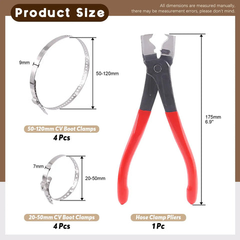 9Pcs Hose Clamp Pliers And CV Boot Clamp Kit With Small And Large Stainless Steel Clamps shown with dimensions