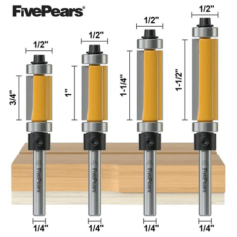 Top And Bottom Bearing Flush Trim Router Bit Set, One Quarter Inch Shank, One Half Inch Cutting Diameter, Four Piece Pro Grade