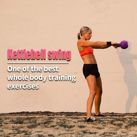 Person performing swing with 10 Lb Vinyl Coated Kettlebell With Comfortable Wide Grip Handle For Home Gym Strength Training, Beginner Friendly