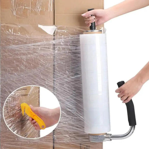 Heavy Duty Chrome Steel Pallet Stretch Film Dispenser With Top Shelf Ergonomic Grip and quick cut, wrapping a box.